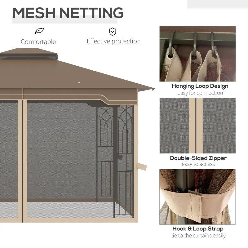 Outdoor and Garden-12' x 10' Patio Gazebo Outdoor Canopy Shelter with Double Tier Roof and Netting Sidewalls for Garden, Lawn, Backyard and Deck, Brown - Outdoor Style Company