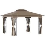 Outdoor and Garden-12' x 10' Patio Gazebo Outdoor Canopy Shelter with Double Tier Roof and Netting Sidewalls for Garden, Lawn, Backyard and Deck, Brown - Outdoor Style Company