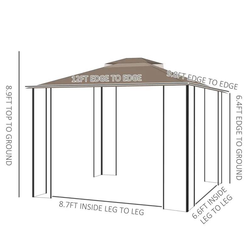 Outdoor and Garden-12' x 10' Patio Gazebo Outdoor Canopy Shelter with Double Tier Roof and Netting Sidewalls for Garden, Lawn, Backyard and Deck, Brown - Outdoor Style Company