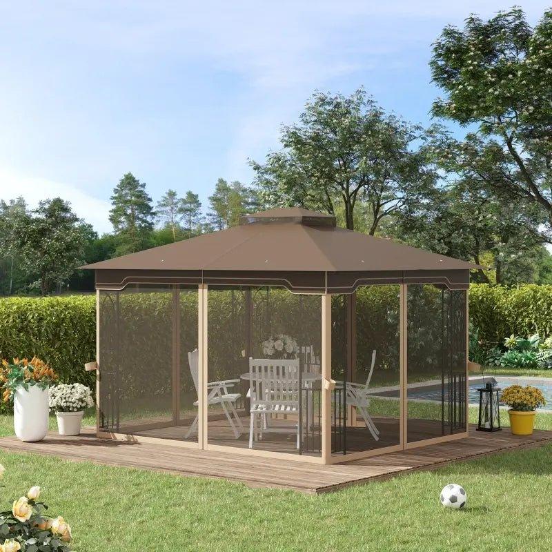 Outdoor and Garden-12' x 10' Patio Gazebo Outdoor Canopy Shelter with Double Tier Roof and Netting Sidewalls for Garden, Lawn, Backyard and Deck, Brown - Outdoor Style Company