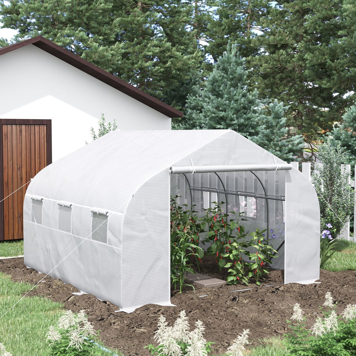 Outdoor and Garden-12' x 10' x 7' Outdoor Walk-In Tunnel Greenhouse Hot House with Roll-up Windows, Zippered Door, PE Cover, White - Outdoor Style Company