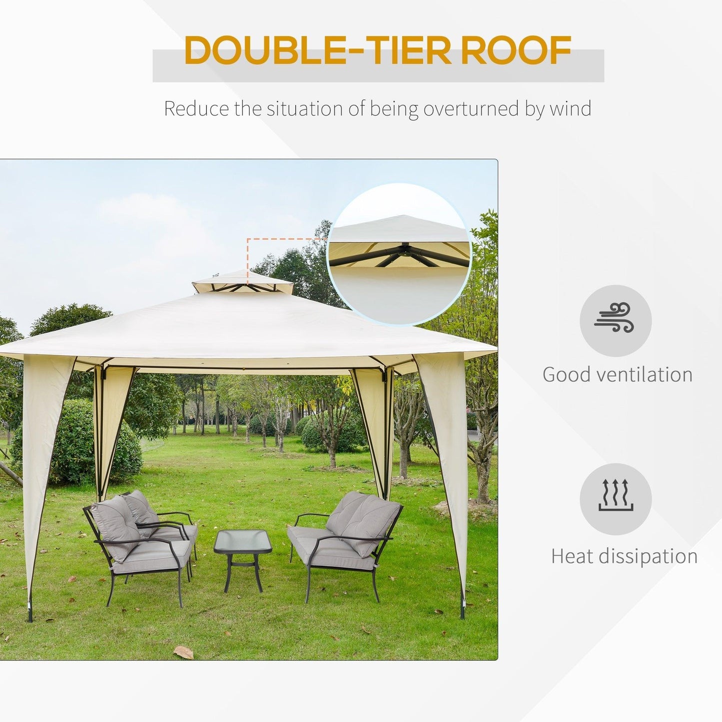 Outdoor and Garden-12' x 12' Outdoor Canopy Tent Party Gazebo with Double-Tier Roof, Steel Frame, Included Ground Stakes, Beige - Outdoor Style Company