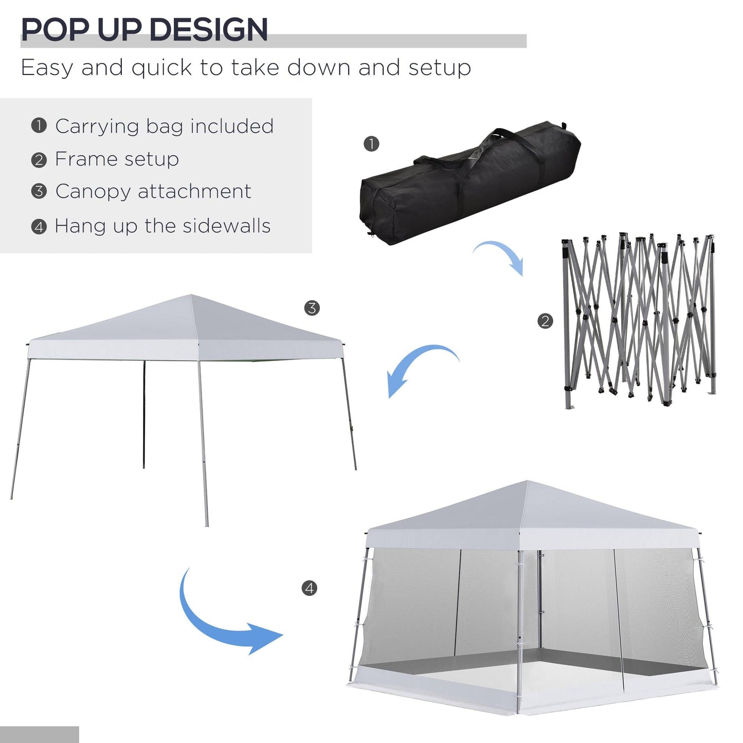 Miscellaneous-12' x 12' Pop Up Canopy, Foldable Canopy Tent with Carrying Bag, Mesh Sidewalls and 3-Level Adjustable Height for Garden, Party, White - Outdoor Style Company