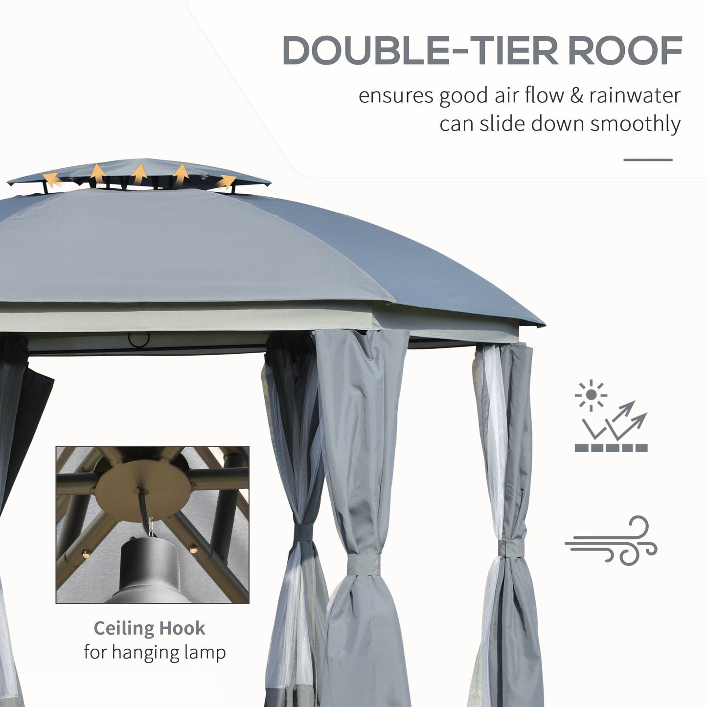 Outdoor and Garden-12' x 12' Steel Gazebo Canopy Party Tent Shelter with Double Roof, Curtains, Netting Sidewalls, Top Hook, Gray - Outdoor Style Company