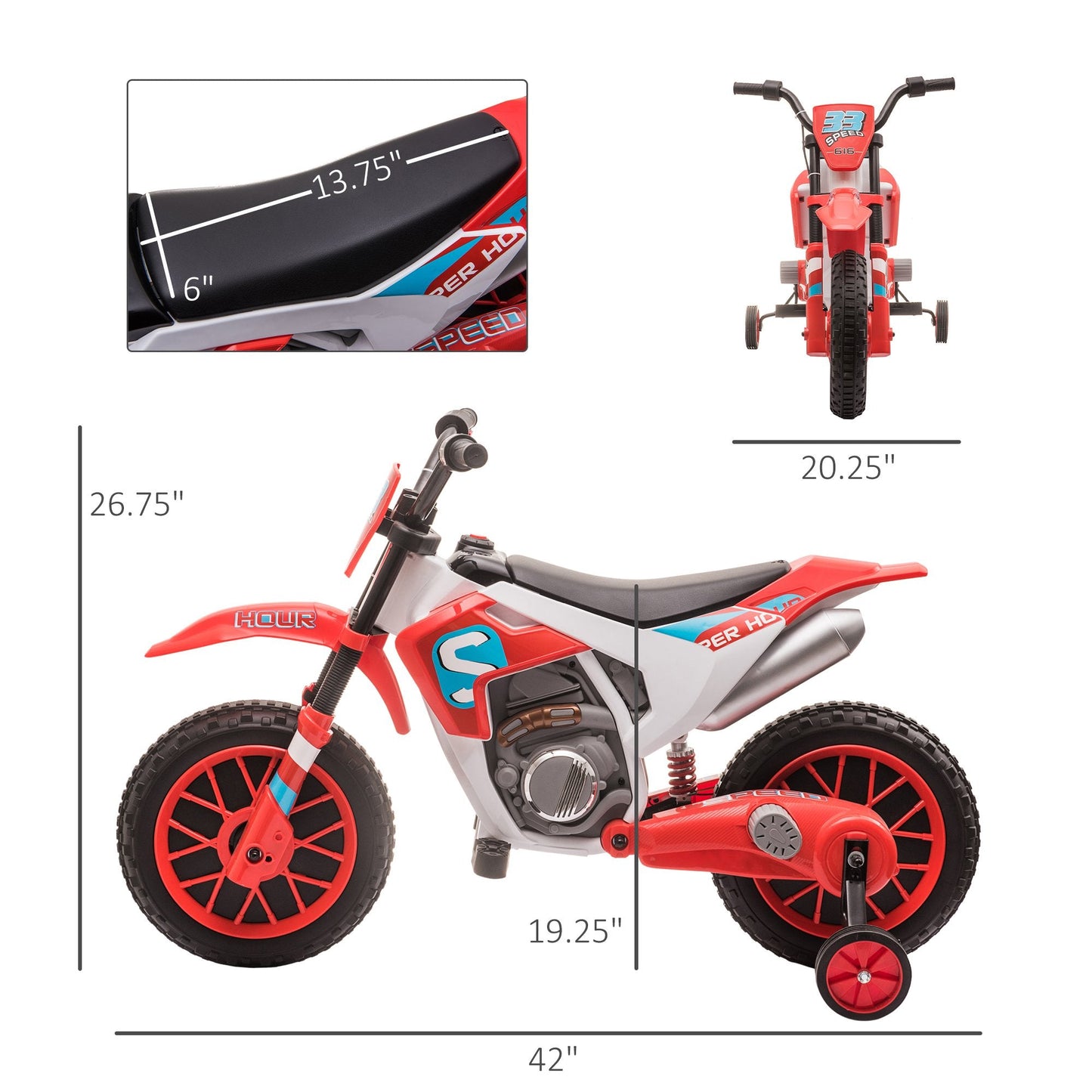 Sports and Fitness-12V Kids Motorcycle Dirt Bike, Electric Battery-Powered Ride-On Toy, Off-road Street Bike with Charging Battery & Training Wheels, Red - Outdoor Style Company