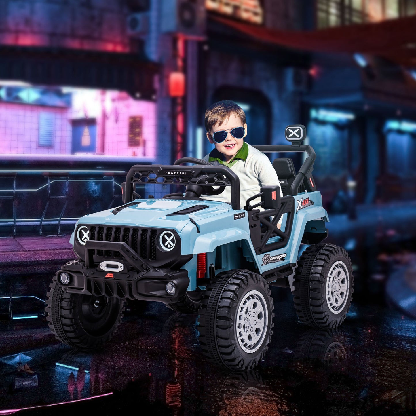 Toys and Games-12V Kids Ride on Car with Remote Control, Children Battery-Operated Car with Spring Suspension, Led Lights, Music, Horn & 3 Speeds, Blue - Outdoor Style Company