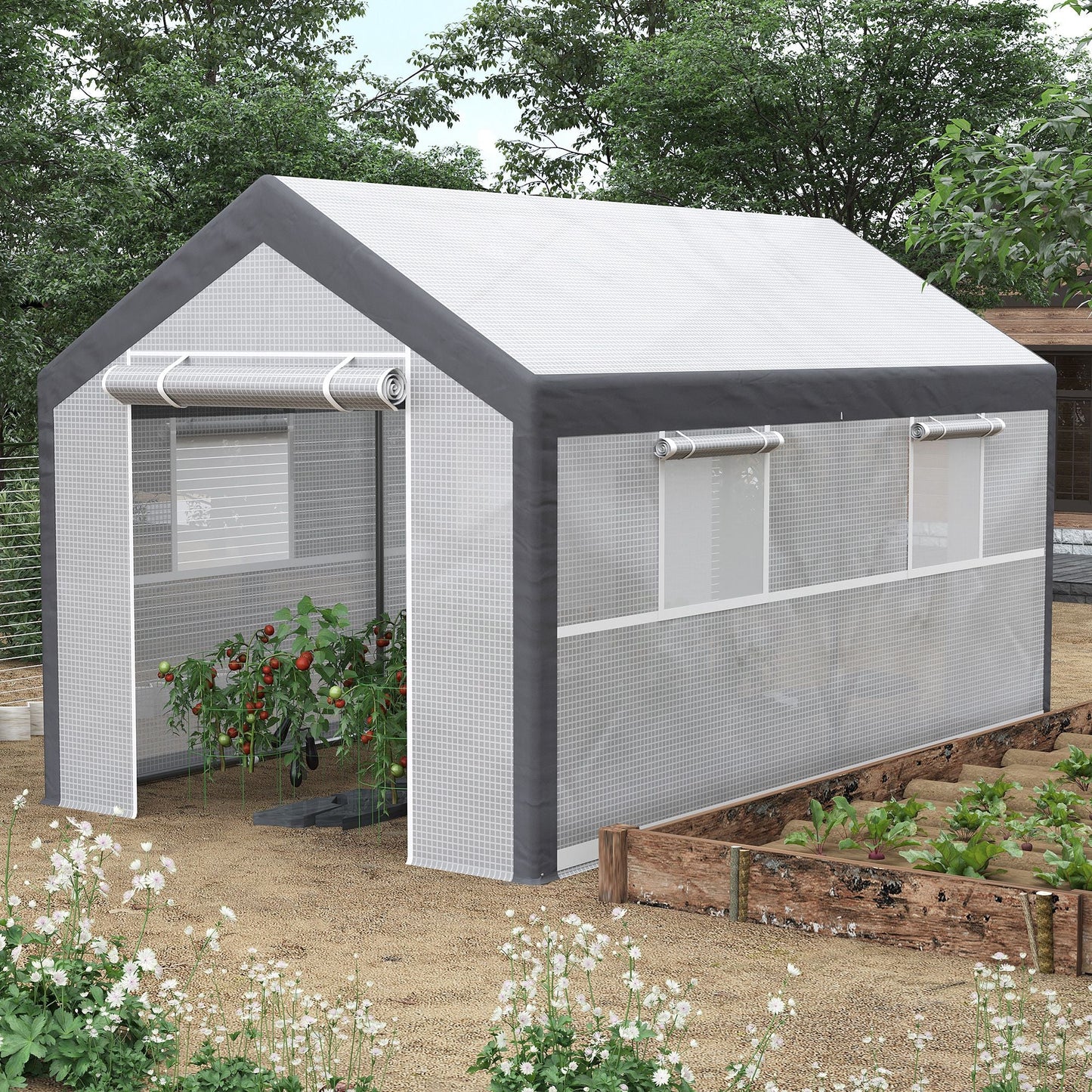 Outdoor and Garden-12'x7'x7' Outdoor Walk-In Tunnel Greenhouse, Garden Warm Hot House with Roll Up Windows, Zippered Mesh Doo & Weather Cover, White/Dark Grey - Outdoor Style Company