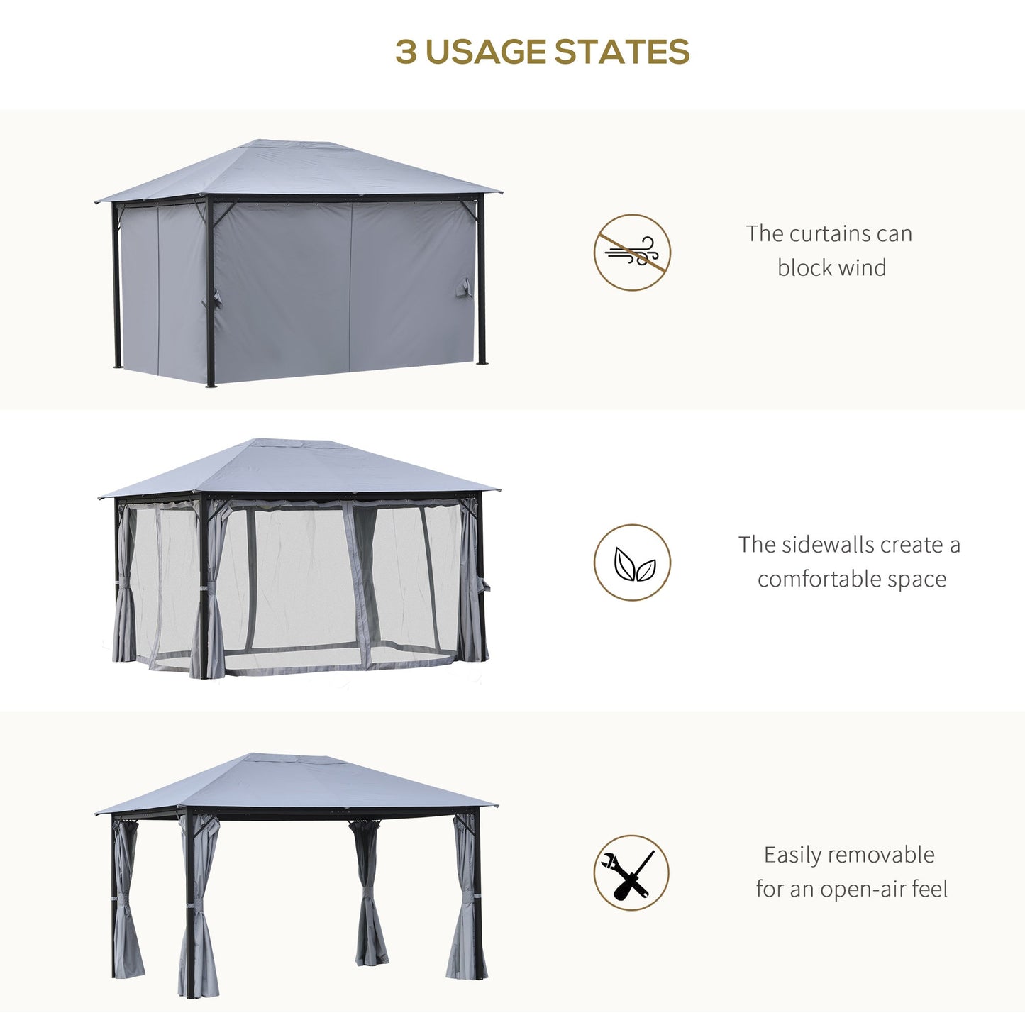 Outdoor and Garden-13' x 10' Gazebo Canopy Party Tent Shelter with Steel Frame, Curtains, Netting Sidewalls, Light Grey - Outdoor Style Company