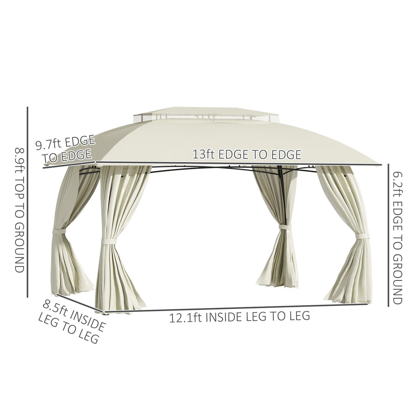 Outdoor and Garden-13' x 10' Patio Gazebo Outdoor Canopy Shelter with Sidewalls, Double Vented Roof, Steel Frame for Garden, Lawn, Backyard and Deck, Beige - Outdoor Style Company