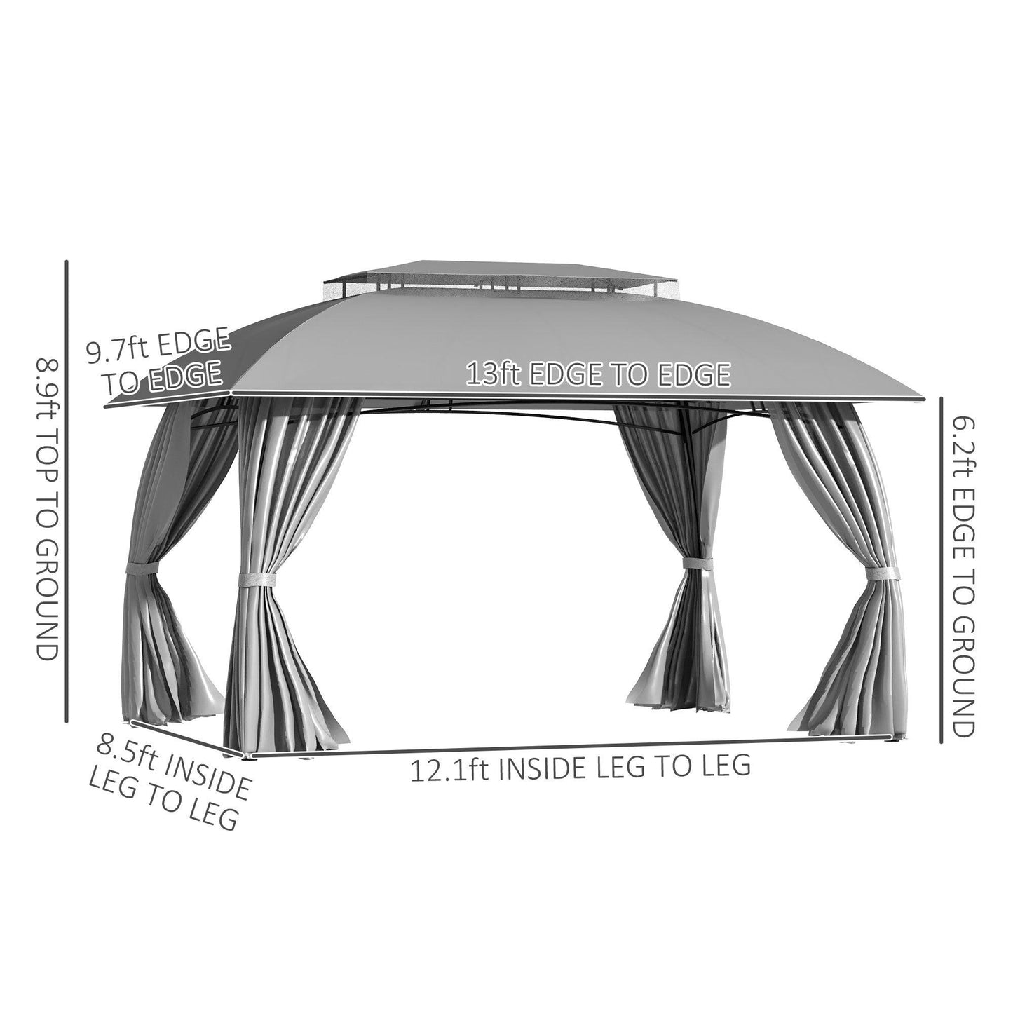 Outdoor and Garden-13' x 10' Patio Gazebo Outdoor Canopy Shelter with Sidewalls, Double Vented Roof, Steel Frame for Garden, Lawn, Backyard and Deck, Grey - Outdoor Style Company