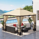 Outdoor and Garden-13' x 11' Patio Gazebo Canopy Garden Tent Sun Shade, Outdoor Shelter with 2 Tier Roof, Netting and Curtains, Steel Frame for Garden, Beige - Outdoor Style Company