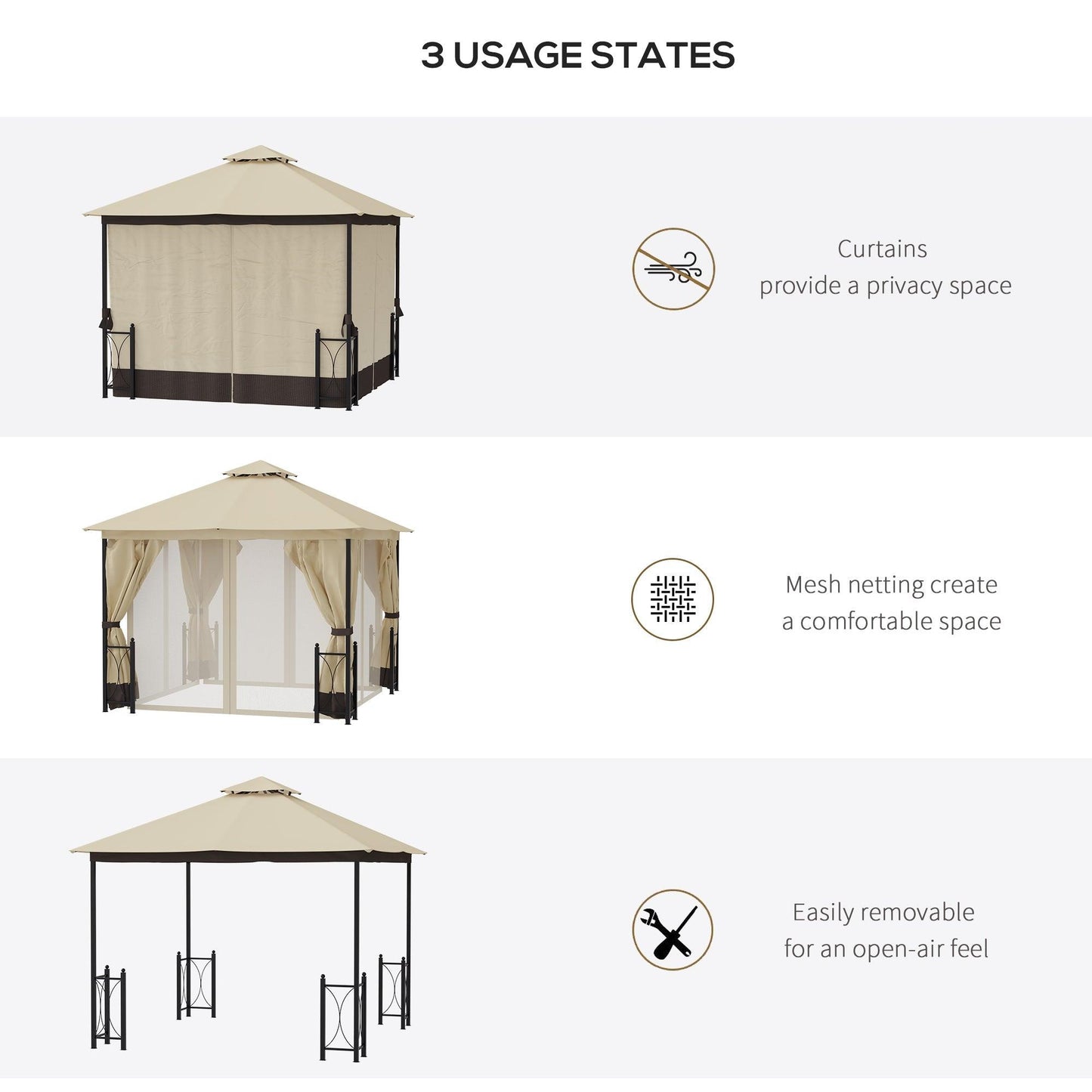 Outdoor and Garden-13' x 11' Patio Gazebo Canopy Garden Tent Sun Shade, Outdoor Shelter with 2 Tier Roof, Netting and Curtains, Steel Frame for Garden, Beige - Outdoor Style Company