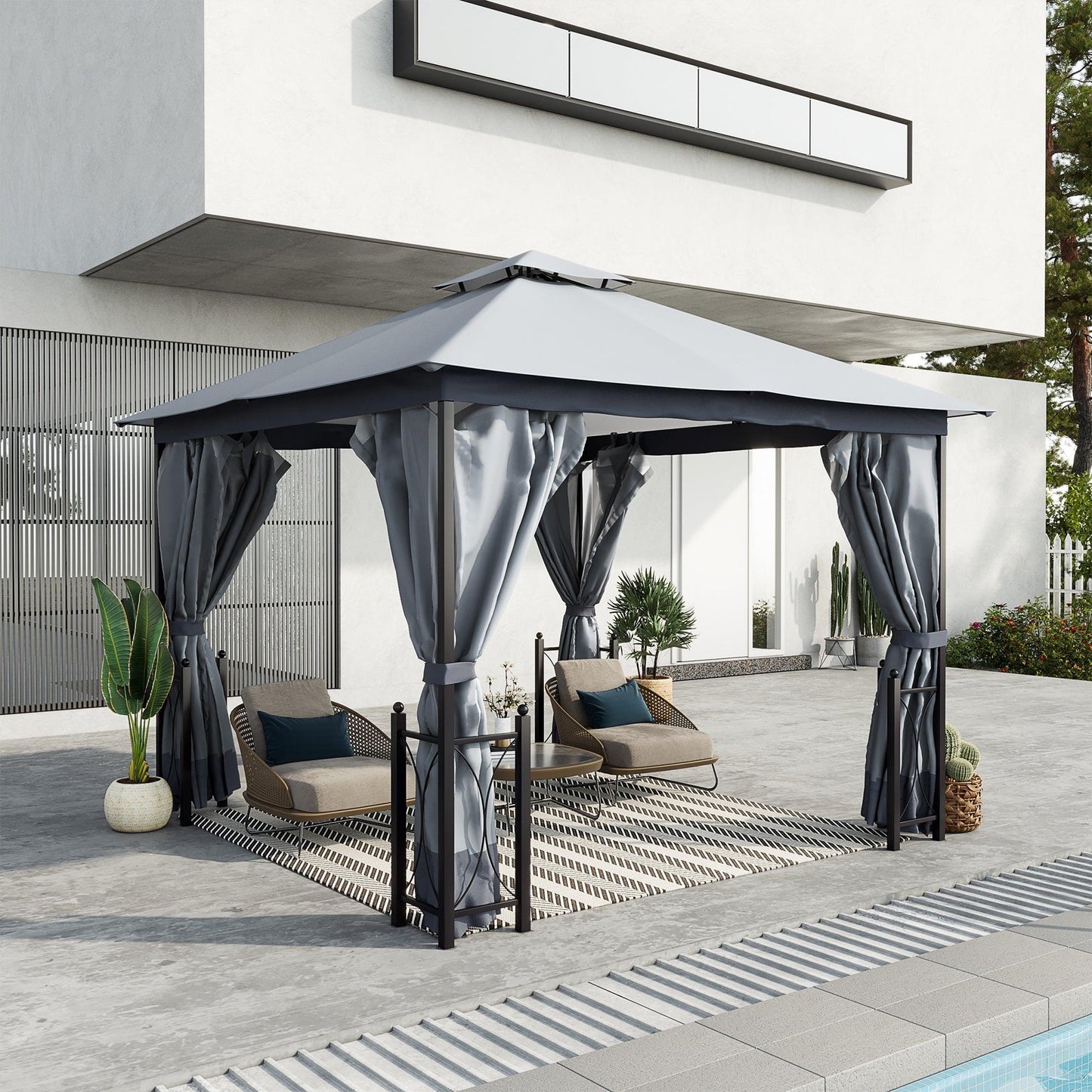 Outdoor and Garden-13' x 11' Patio Gazebo Canopy Garden Tent Sun Shade, Outdoor Shelter with 2 Tier Roof, Netting and Curtains, Steel Frame for Patio, Grey - Outdoor Style Company