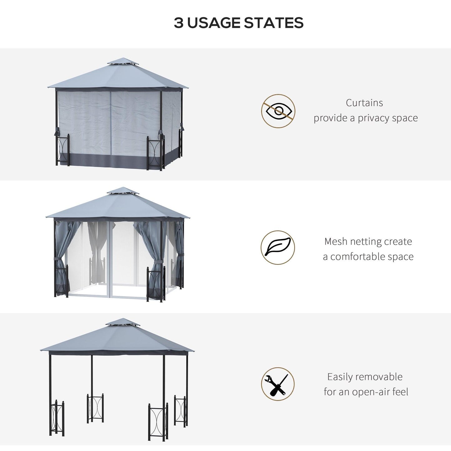 Outdoor and Garden-13' x 11' Patio Gazebo Canopy Garden Tent Sun Shade, Outdoor Shelter with 2 Tier Roof, Netting and Curtains, Steel Frame for Patio, Grey - Outdoor Style Company