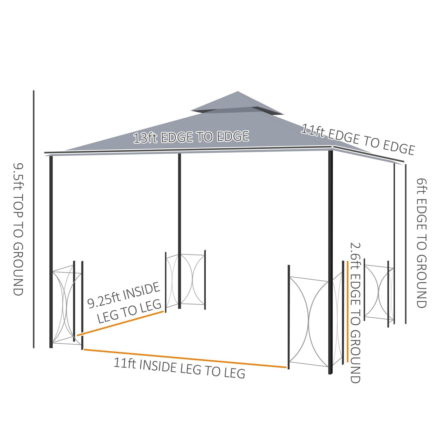 Outdoor and Garden-13' x 11' Patio Gazebo Canopy Garden Tent Sun Shade, Outdoor Shelter with 2 Tier Roof, Netting and Curtains, Steel Frame for Patio, Grey - Outdoor Style Company