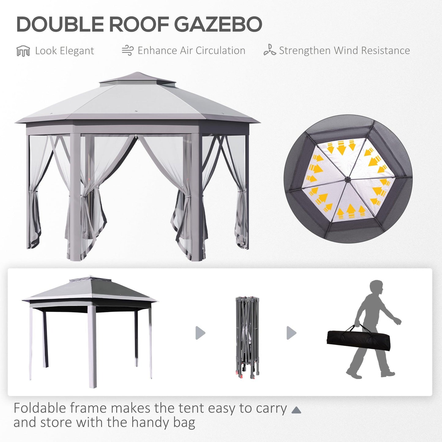 Outdoor and Garden-13' x 11' Pop Up Gazebo, Double Roof Canopy Tent with Zippered Mesh Sidewalls, Height Adjustable, Carrying Bag, for Patio Garden - Outdoor Style Company