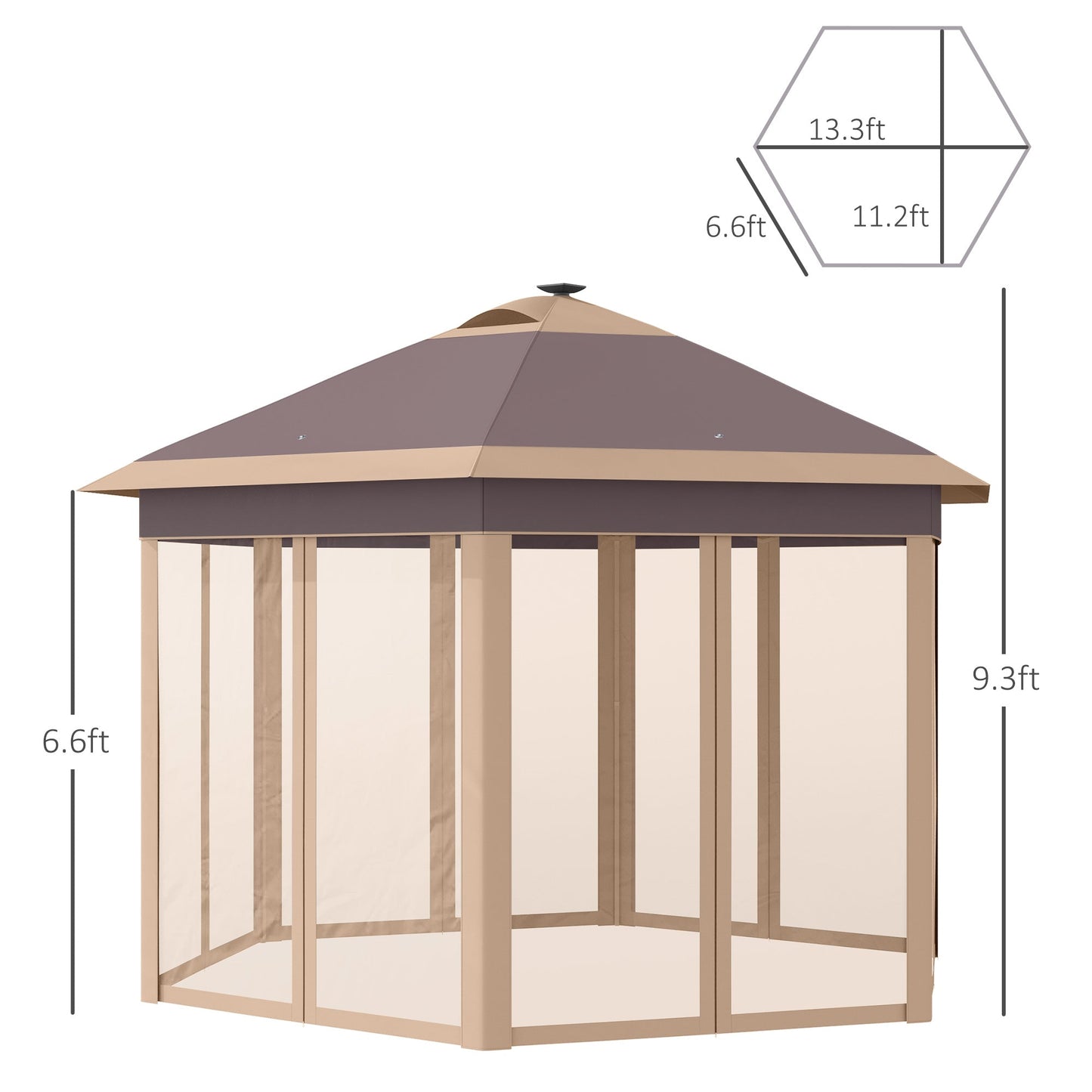 Outdoor and Garden-13' x 11' Pop Up Gazebo Tent, Hexagonal Canopy w/ Solar LED Light, Remote Control, Mesh Netting, Height Adjustable, Top Vents and Carrying- Beige - Outdoor Style Company