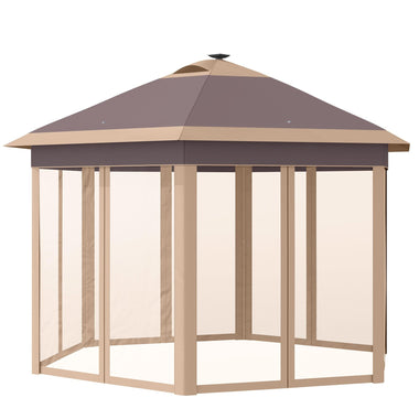 Outdoor and Garden-13' x 11' Pop Up Gazebo Tent, Hexagonal Canopy w/ Solar LED Light, Remote Control, Mesh Netting, Height Adjustable, Top Vents and Carrying- Beige - Outdoor Style Company