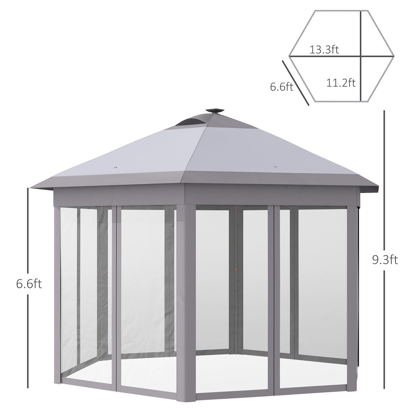 Outdoor and Garden-13' x 11' Pop Up Gazebo Tent, Hexagonal Canopy w/ Solar LED Light, Remote Control, Mesh Netting, Height Adjustable, Top Vents and Carrying - Grey - Outdoor Style Company