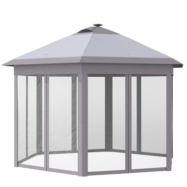Outdoor and Garden-13' x 11' Pop Up Gazebo Tent, Hexagonal Canopy w/ Solar LED Light, Remote Control, Mesh Netting, Height Adjustable, Top Vents and Carrying - Grey - Outdoor Style Company