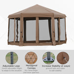 Miscellaneous-13' x 13' Heavy Duty Pop Up Canopy with Hexagonal Shape, 6 Mesh Sidewall Netting, 3-Level Adjustable Height and Strong Steel Frame, Brown - Outdoor Style Company