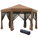 Miscellaneous-13' x 13' Heavy Duty Pop Up Canopy with Hexagonal Shape, 6 Mesh Sidewall Netting, 3-Level Adjustable Height and Strong Steel Frame, Brown - Outdoor Style Company