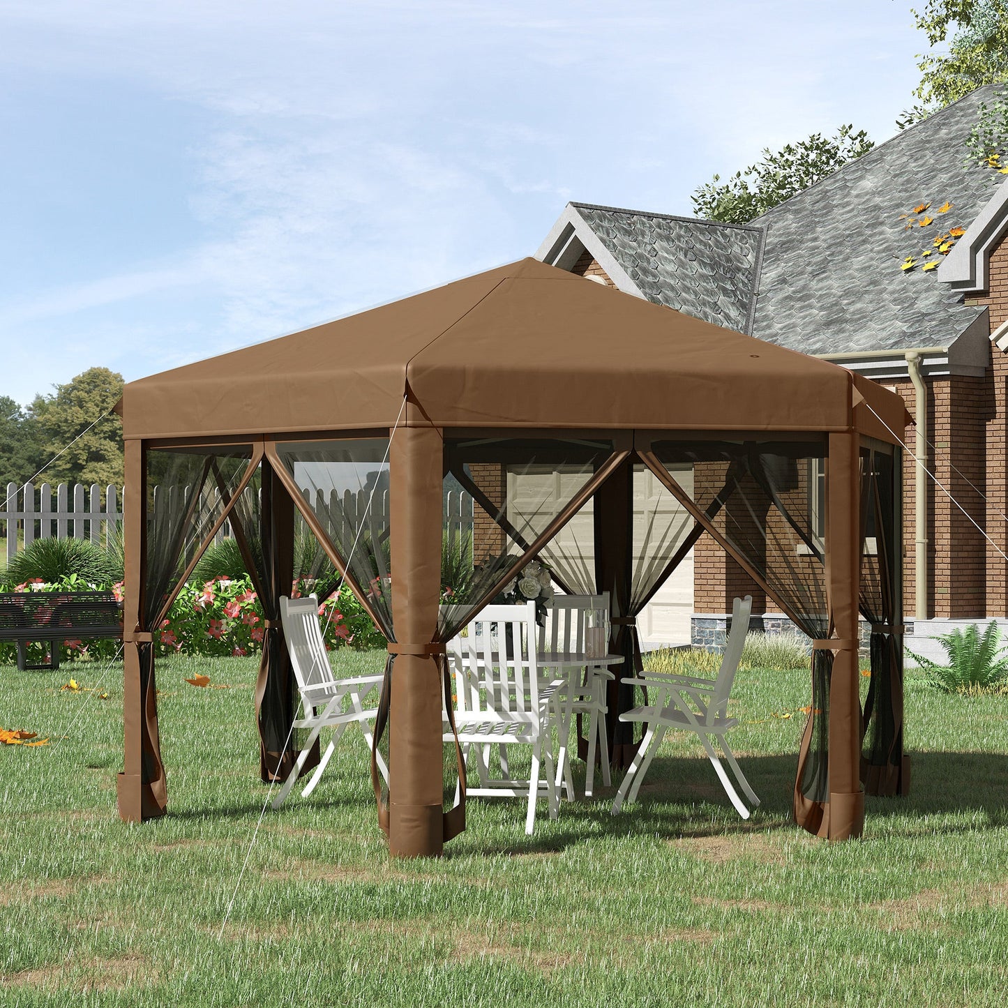 Miscellaneous-13' x 13' Heavy Duty Pop Up Canopy with Hexagonal Shape, 6 Mesh Sidewall Netting, 3-Level Adjustable Height and Strong Steel Frame, Brown - Outdoor Style Company