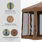 Miscellaneous-13' x 13' Heavy Duty Pop Up Canopy with Hexagonal Shape, 6 Mesh Sidewall Netting, 3-Level Adjustable Height and Strong Steel Frame, Brown - Outdoor Style Company