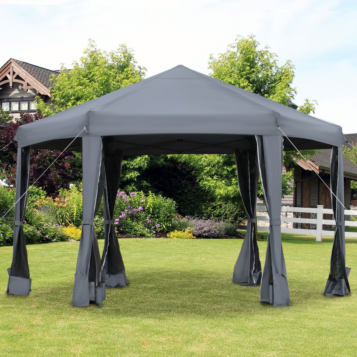 Miscellaneous-13' x 13' Heavy Duty Pop Up Canopy with Hexagonal Shape, 6 Mesh Sidewall Netting, 3-Level Adjustable Height and Strong Steel Frame, Grey - Outdoor Style Company