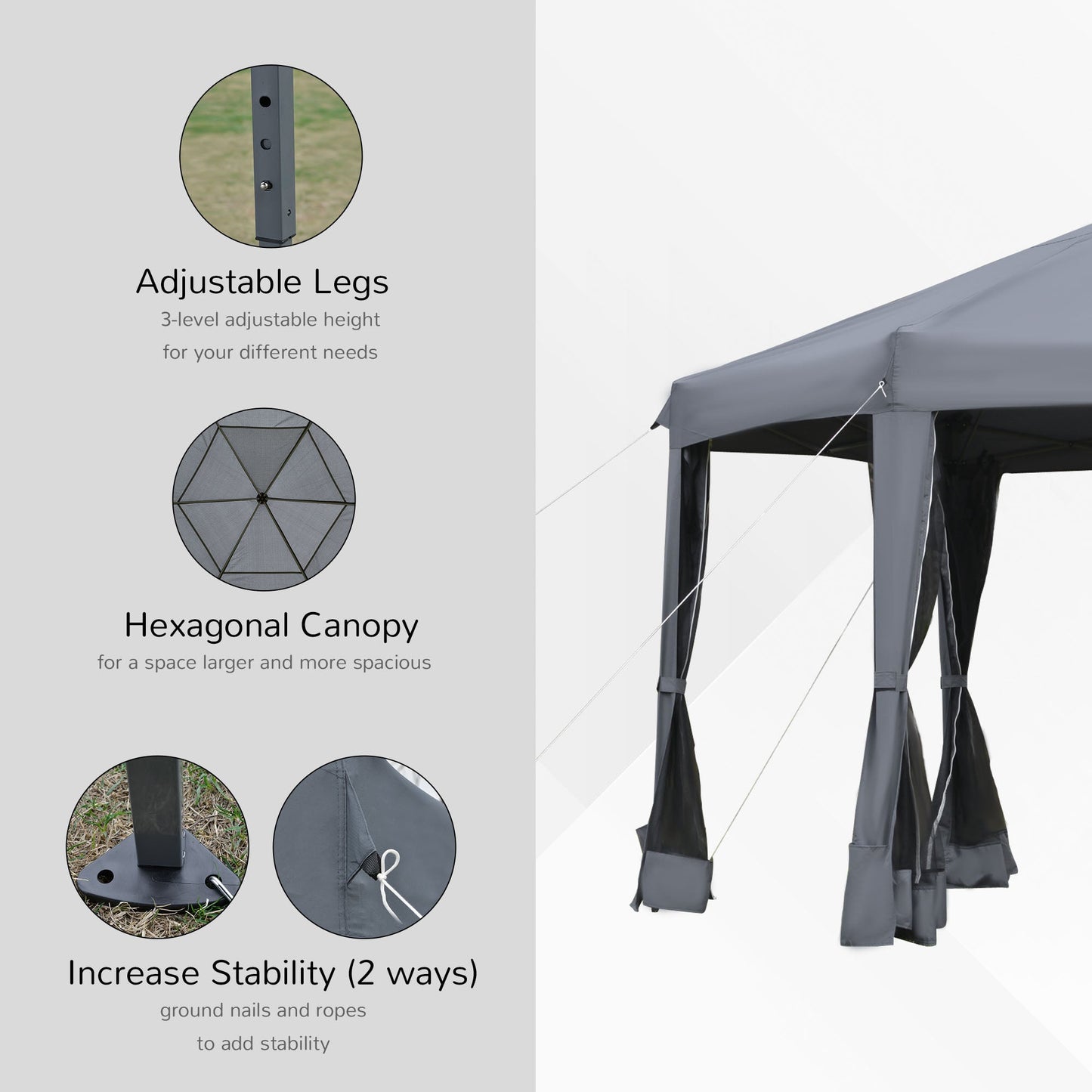 Miscellaneous-13' x 13' Heavy Duty Pop Up Canopy with Hexagonal Shape, 6 Mesh Sidewall Netting, 3-Level Adjustable Height and Strong Steel Frame, Grey - Outdoor Style Company