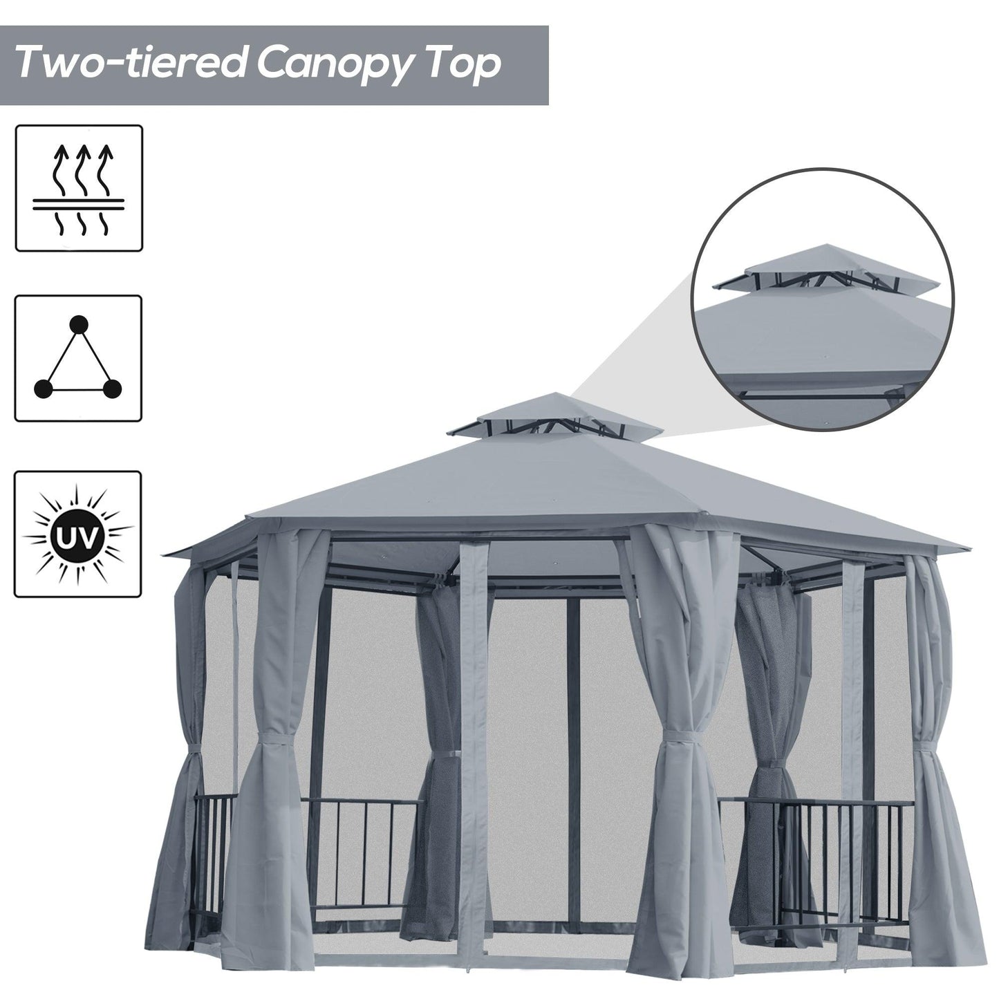 Outdoor and Garden-13' x 13' Party Tent, 2 Tier Hexagon Patio Canopy, Curtains, Double Vented Roof Gazebo, UV and Water Protection, Large Floor Space, Grey - Outdoor Style Company