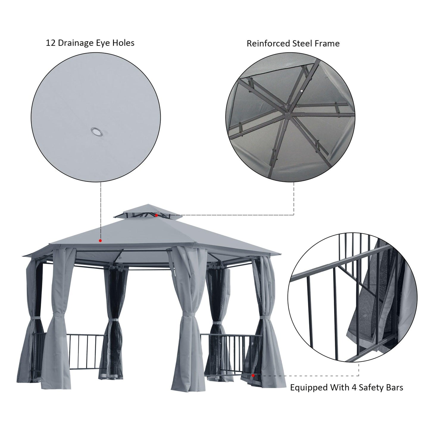 Outdoor and Garden-13' x 13' Party Tent, 2 Tier Hexagon Patio Canopy, Curtains, Double Vented Roof Gazebo, UV and Water Protection, Large Floor Space, Grey - Outdoor Style Company