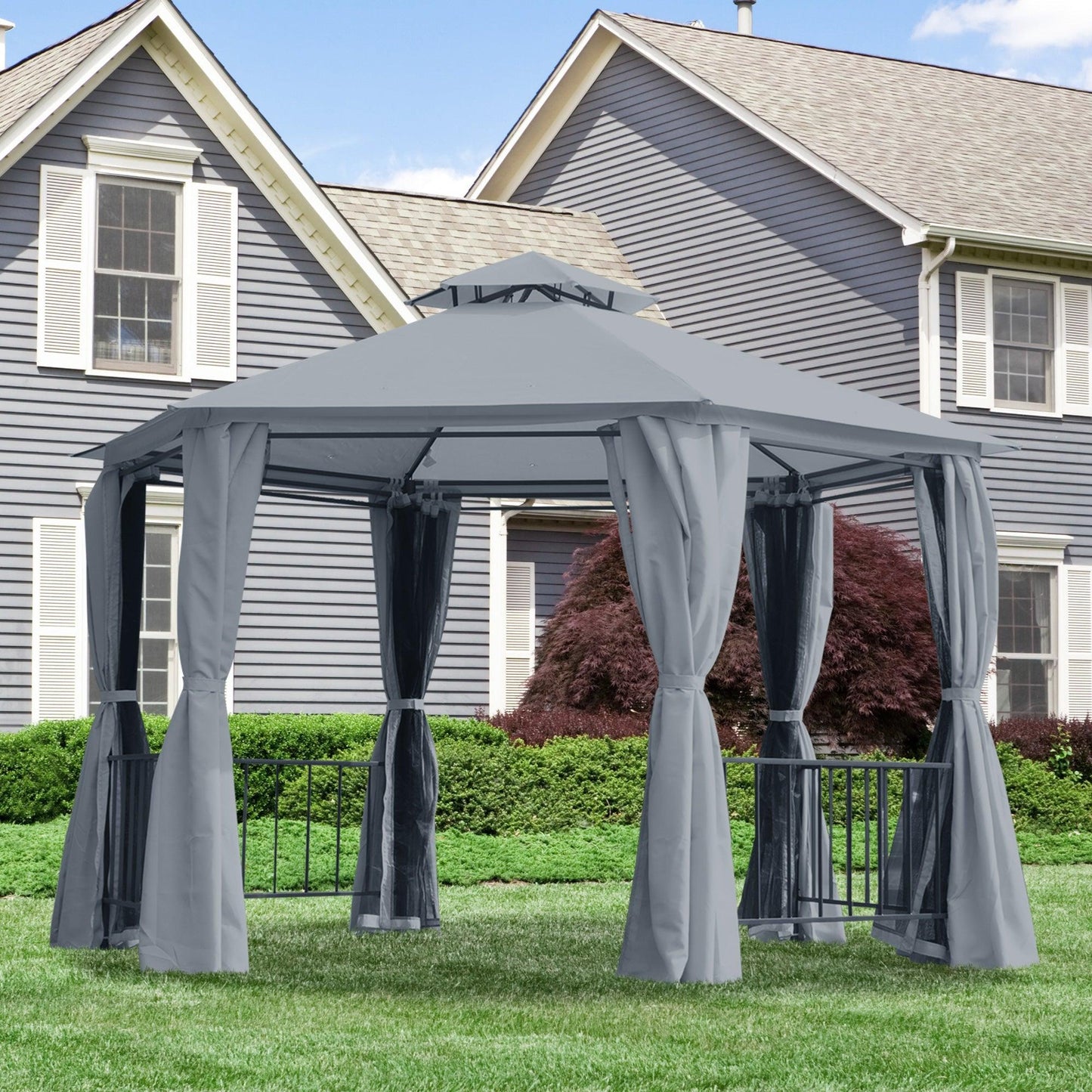 Outdoor and Garden-13' x 13' Party Tent, 2 Tier Hexagon Patio Canopy, Curtains, Double Vented Roof Gazebo, UV and Water Protection, Large Floor Space, Grey - Outdoor Style Company