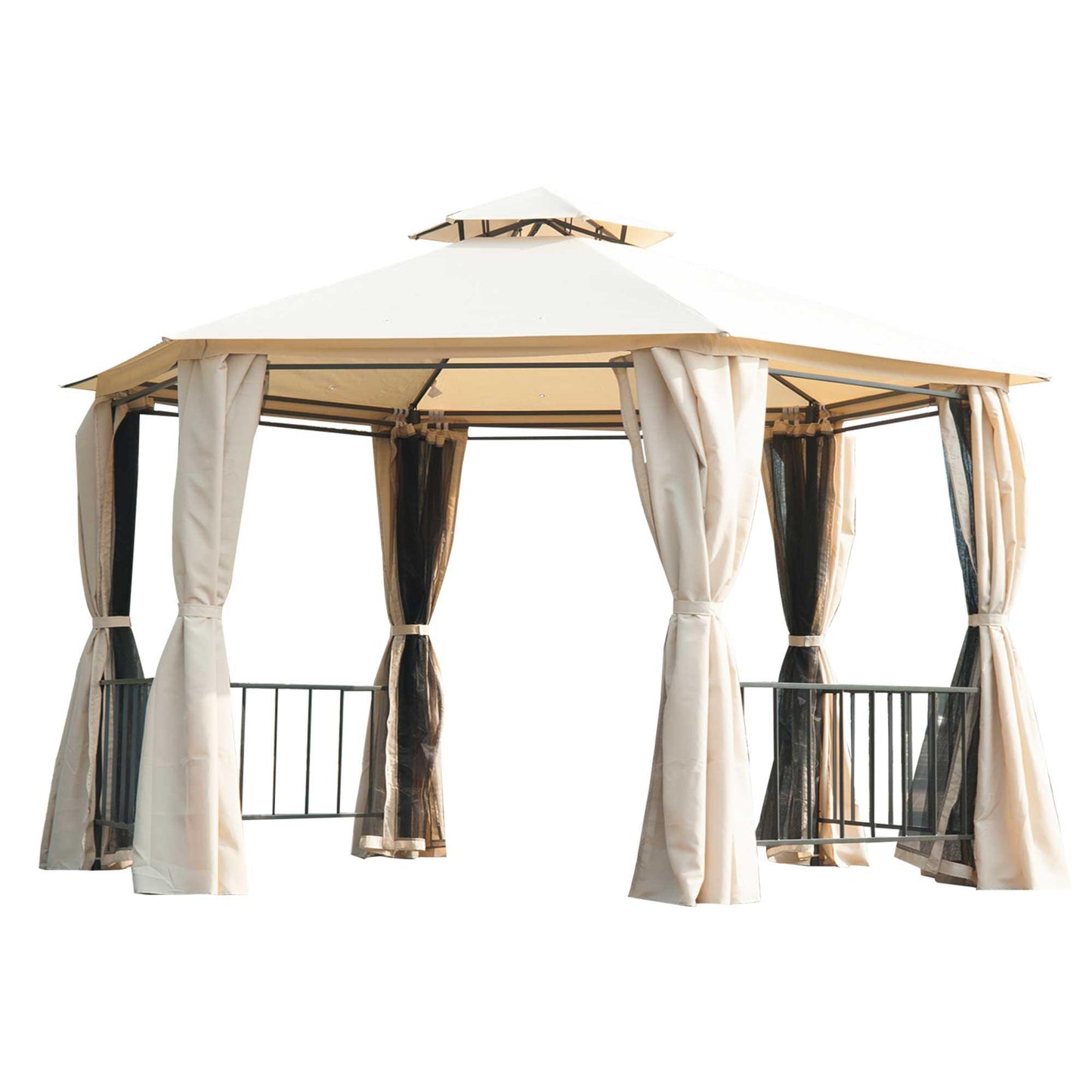 Outdoor and Garden-13' x 13' Party Tent 2 Tier Outdoor Hexagon Patio Canopy, Mesh Nettings, Curtains, Double Vented Roof Gazebo, UV and Water Protection, Beige - Outdoor Style Company