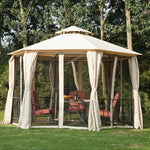 Outdoor and Garden-13' x 13' Party Tent 2 Tier Outdoor Hexagon Patio Canopy, Mesh Nettings, Curtains, Double Vented Roof Gazebo, UV and Water Protection, Beige - Outdoor Style Company