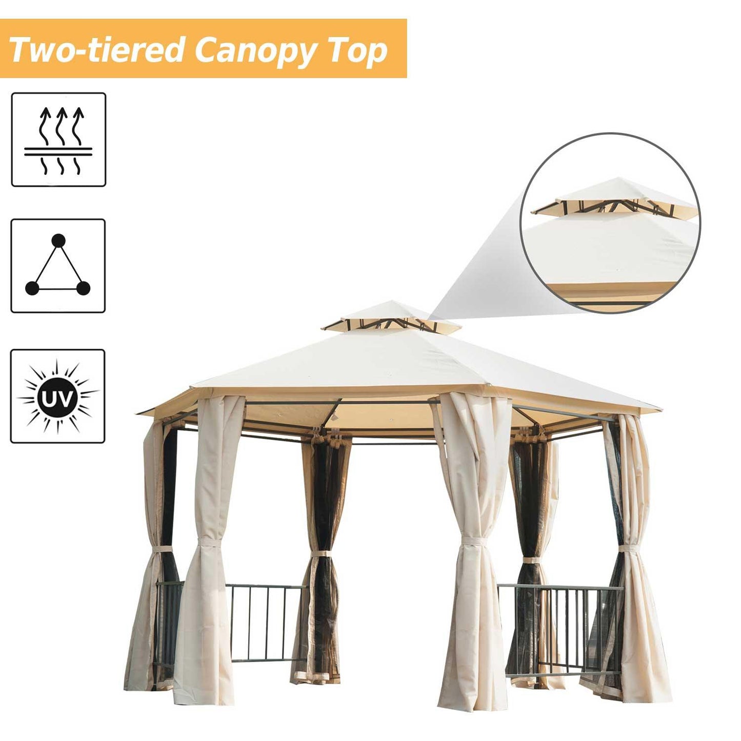 Outdoor and Garden-13' x 13' Party Tent 2 Tier Outdoor Hexagon Patio Canopy, Mesh Nettings, Curtains, Double Vented Roof Gazebo, UV and Water Protection, Beige - Outdoor Style Company