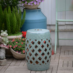 Outdoor and Garden-13" x 18" Ceramic Drum Garden Stool Side Table with Knotted Ring Design & Glazed Strong Materials, Antique Blue - Outdoor Style Company