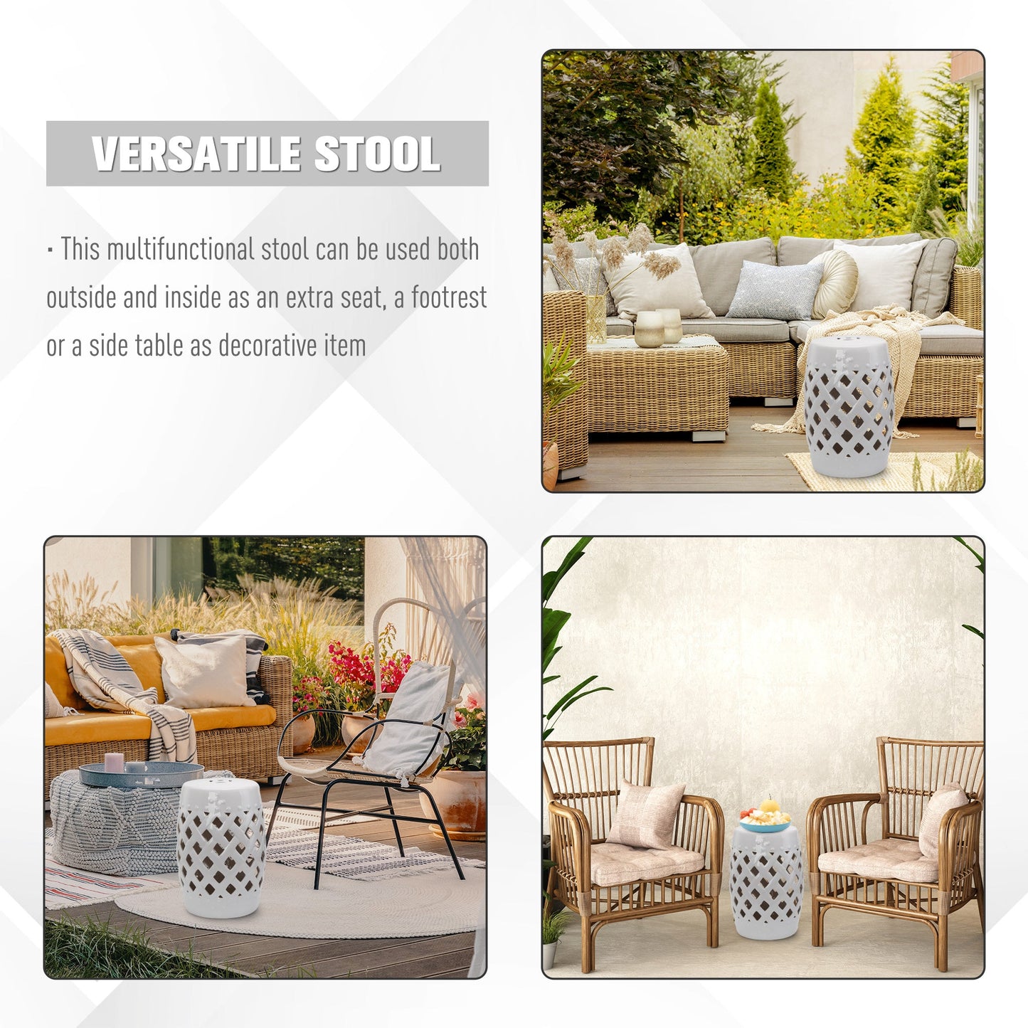 Outdoor and Garden-13" x 18" Ceramic Drum Garden Stool Side Table with Knotted Ring Design & Glazed Strong Materials, White - Outdoor Style Company