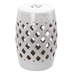 Outdoor and Garden-13" x 18" Ceramic Drum Garden Stool Side Table with Knotted Ring Design & Glazed Strong Materials, White - Outdoor Style Company