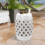 Outdoor and Garden-13" x 18" Ceramic Drum Garden Stool Side Table with Knotted Ring Design & Glazed Strong Materials, White - Outdoor Style Company