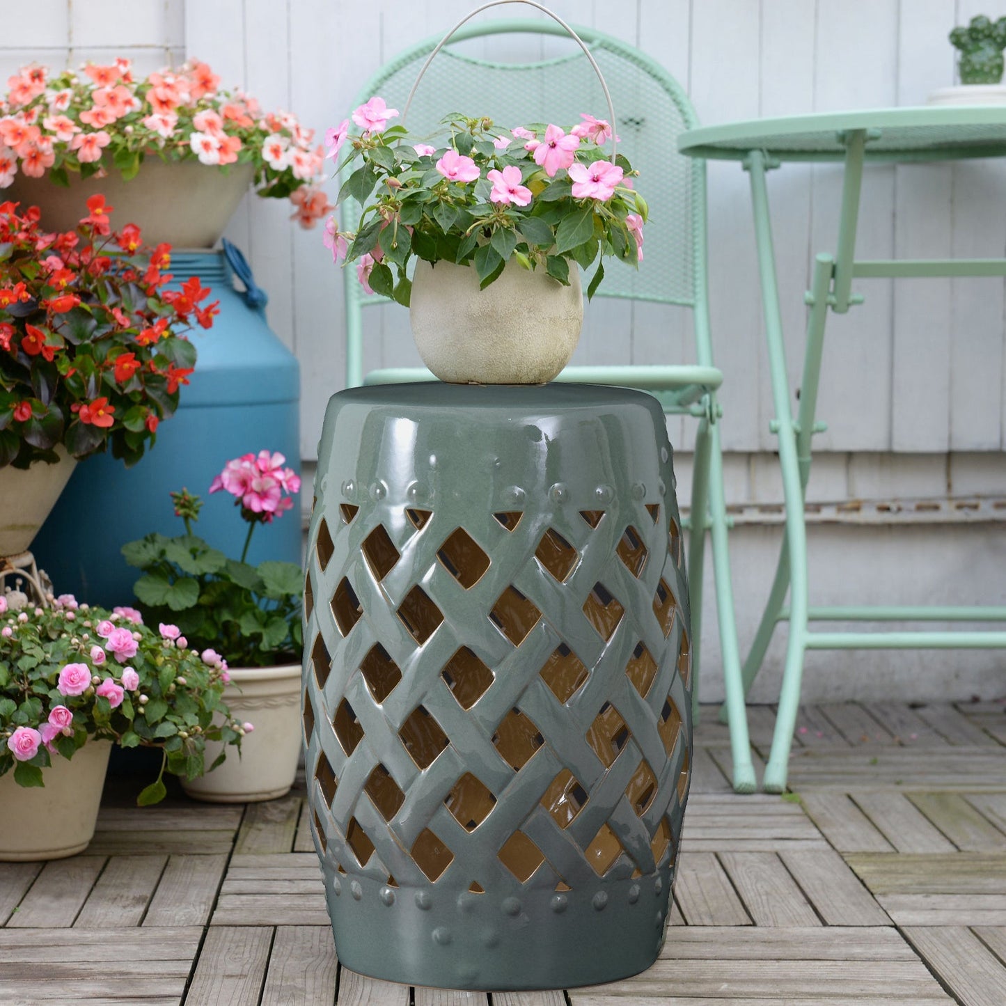 Outdoor and Garden-13" x 18" Ceramic Side Table Garden Stool with Knotted Ring Design & Glazed Strong Materials, Green - Outdoor Style Company