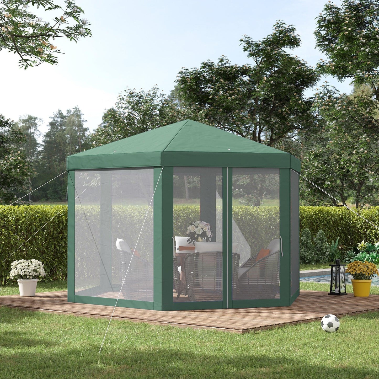 Outdoor and Garden-13ft x 13ft Outdoor Party Tent Hexagon Sun Shelter Canopy with Protective Mesh Screen Walls & Proper Sun Protection, Green - Outdoor Style Company