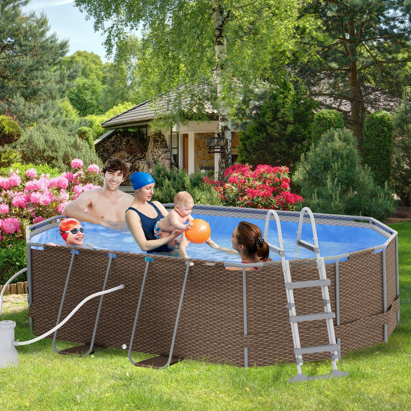 Miscellaneous-14' x 10' x 3' Above Ground Swimming Pool, Non-Inflatable Rectangular Steel Frame Pool with Filter Pump, Safety Ladder for 1-6 People, Brown - Outdoor Style Company