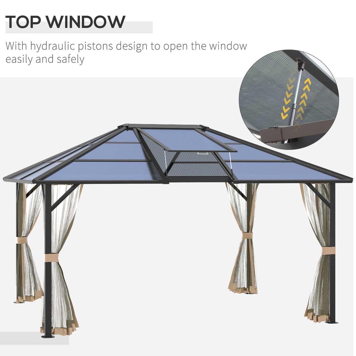 Outdoor and Garden-14' x 12' Hardtop Polycarbonate Gazebo Canopy Aluminum Frame Pergola with Top Vent and Netting for Garden, Patio, Grey - Outdoor Style Company
