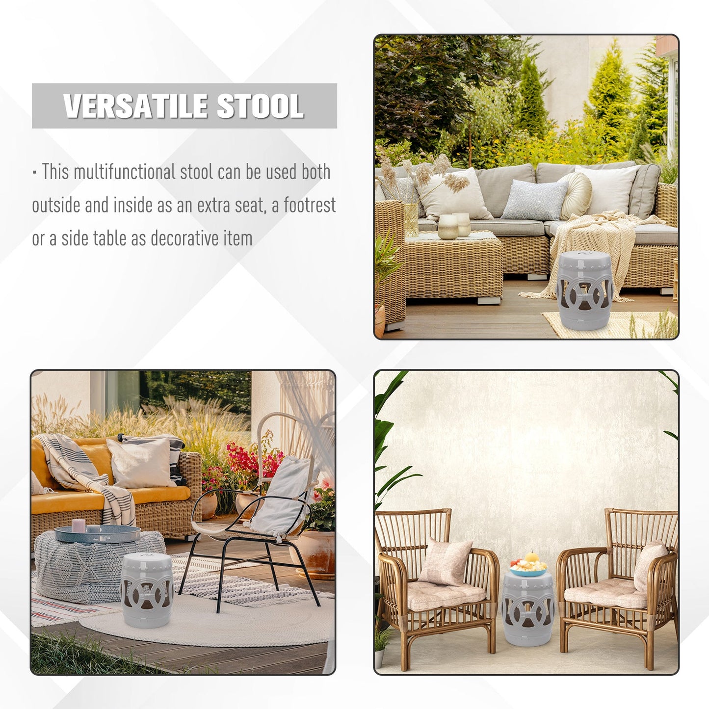 Outdoor and Garden-14" x 17" Ceramic Drum Garden Stool Side Table with Knotted Ring Design & Glazed Strong Materials, White - Outdoor Style Company