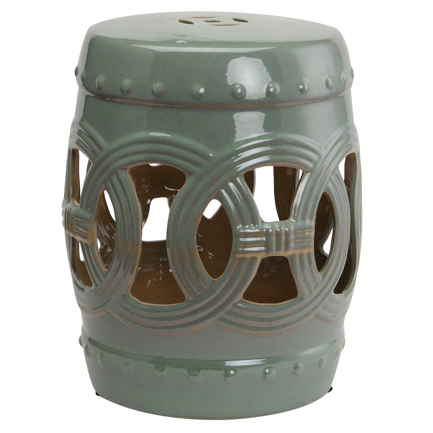 Outdoor and Garden-14" x 17" Ceramic Side Table Garden Stool with Knotted Ring Design & Glazed Strong Materials, Green - Outdoor Style Company