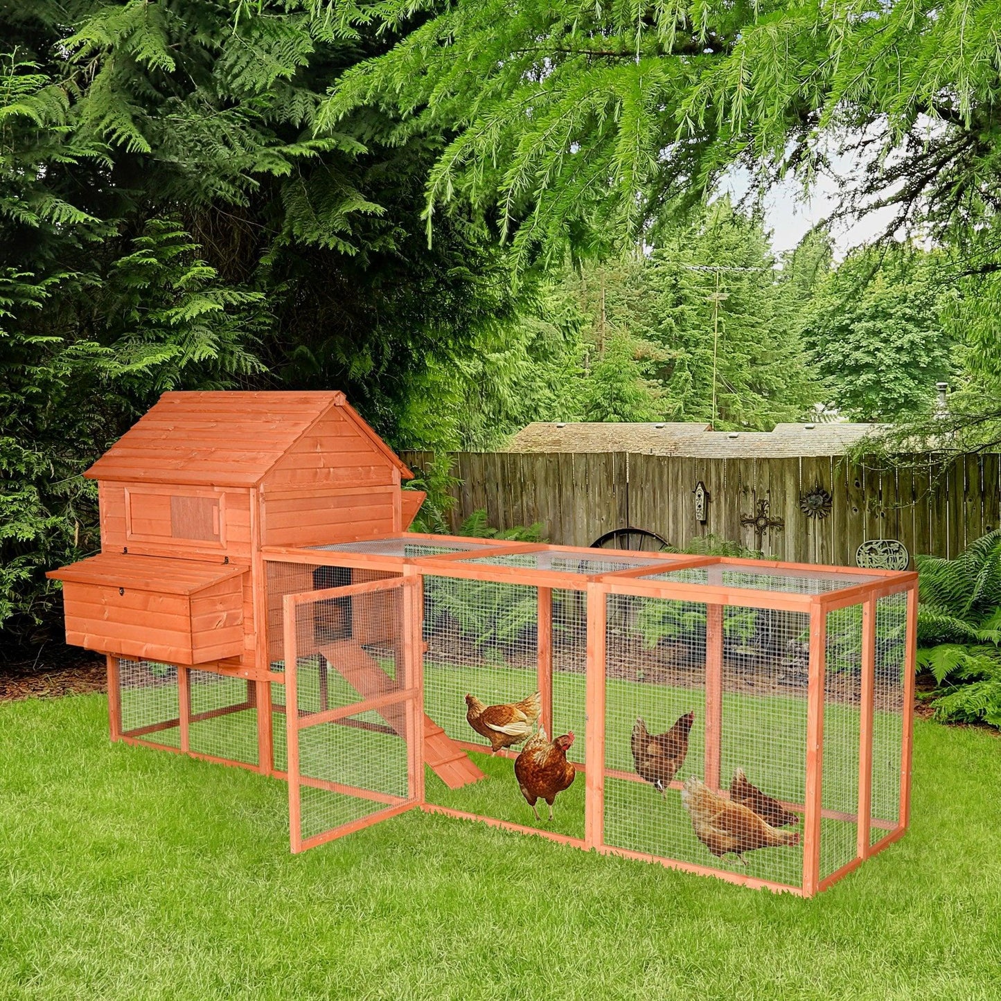 Outdoor and Garden-145" Outdoor Wooden Chicken Pen Chicken Coop, Multi-Level Hen House, Large Poultry Cage Pen with Run, Nesting Box & Wire Fence for Backyard - Outdoor Style Company