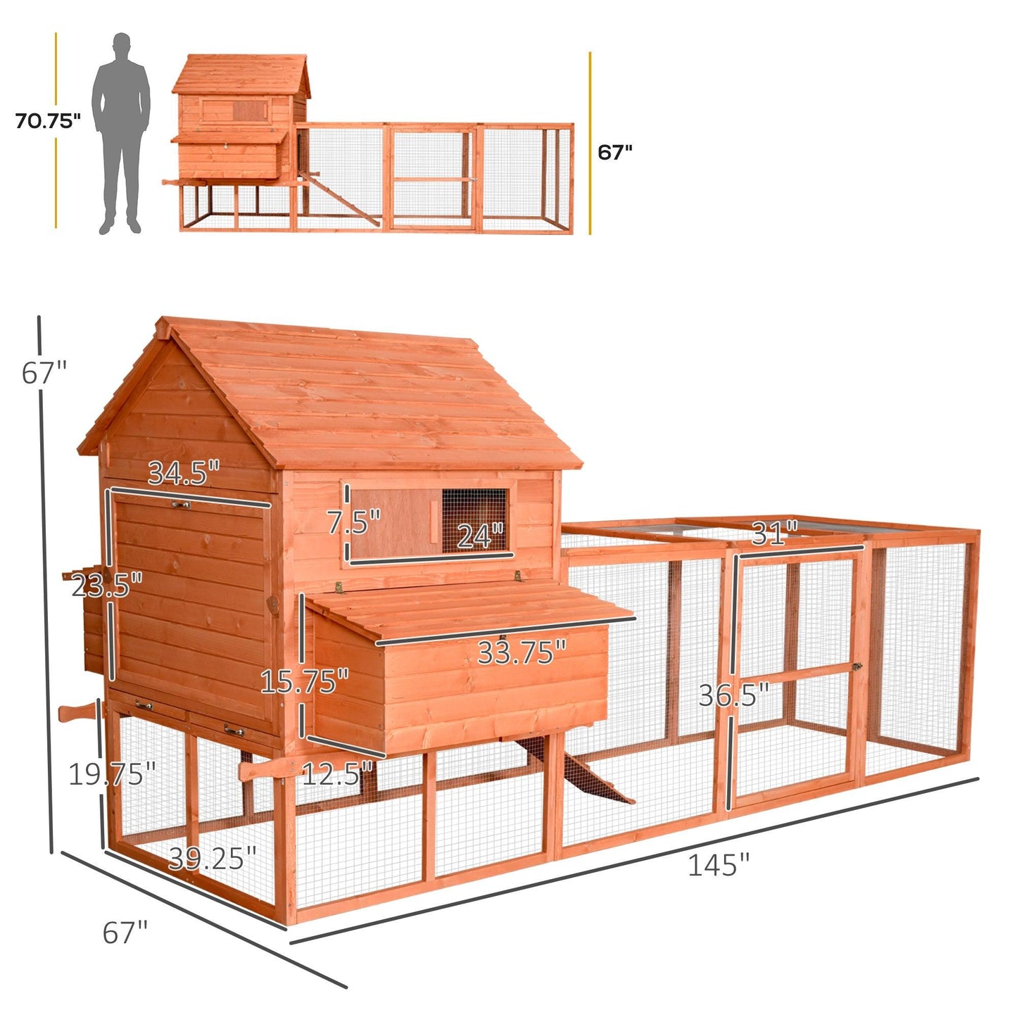 Outdoor and Garden-145" Outdoor Wooden Chicken Pen Chicken Coop, Multi-Level Hen House, Large Poultry Cage Pen with Run, Nesting Box & Wire Fence for Backyard - Outdoor Style Company