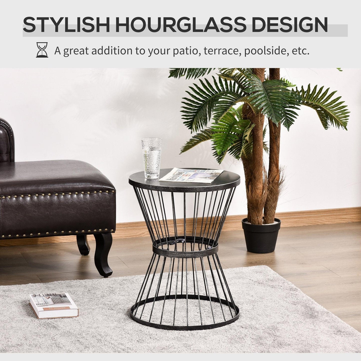 Outdoor and Garden-16" Steel Patio End Table, Side Table with Hourglass Design, Accent Table for Outdoor and Indoor Use, Black - Outdoor Style Company