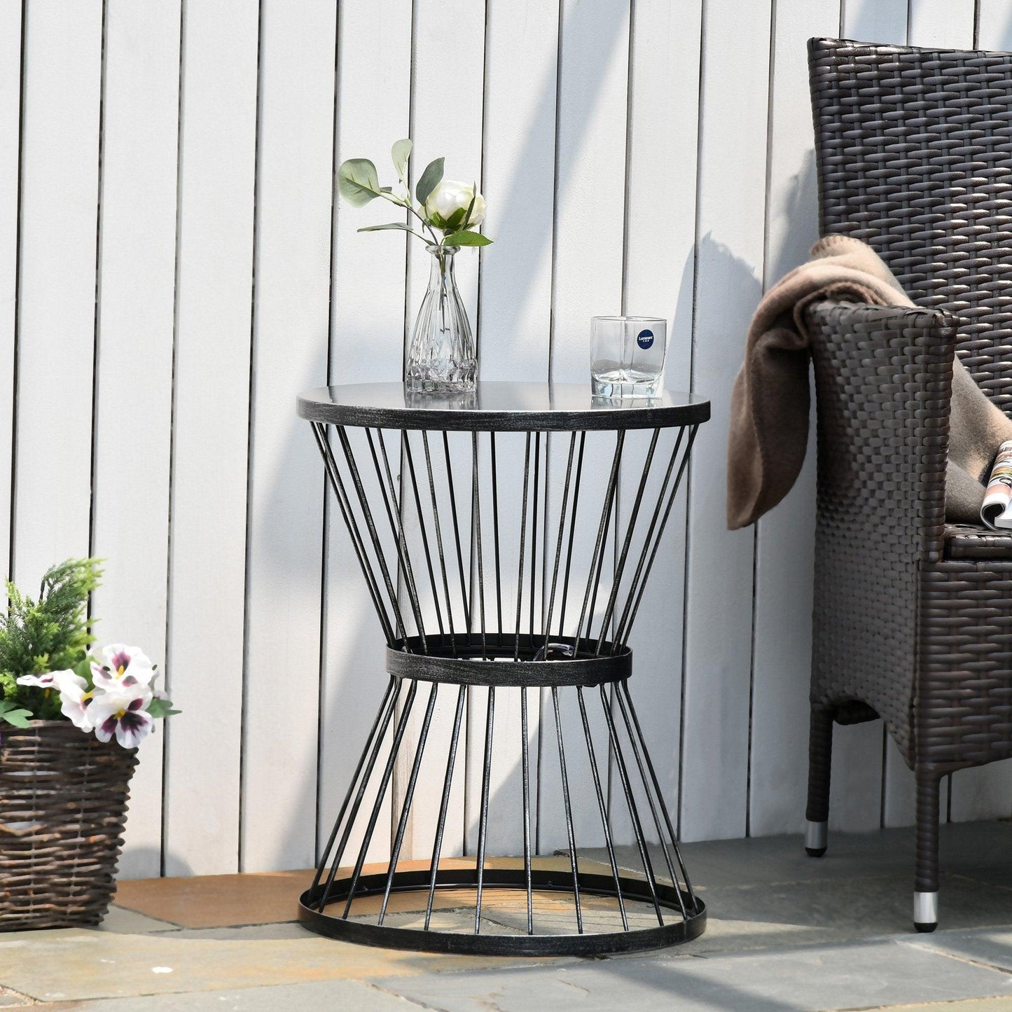 Outdoor and Garden-16" Steel Patio End Table, Side Table with Hourglass Design, Accent Table for Outdoor and Indoor Use, Black - Outdoor Style Company